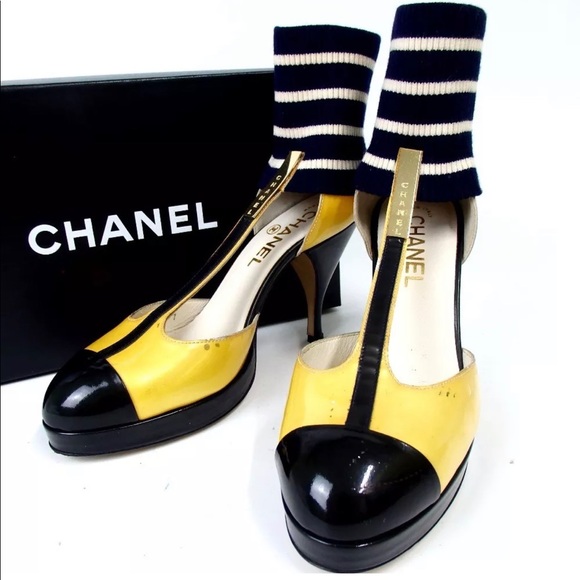 CHANEL Shoes - Chanel black in white strip vintage  logo shoes